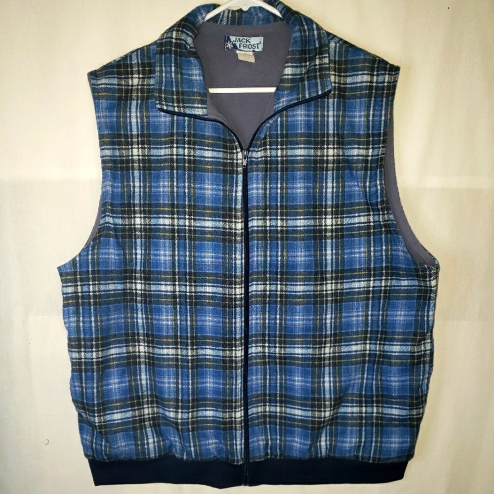 Vintage Jack Frost Men's Blue Plaid Vest Full Zip Fleece Liner